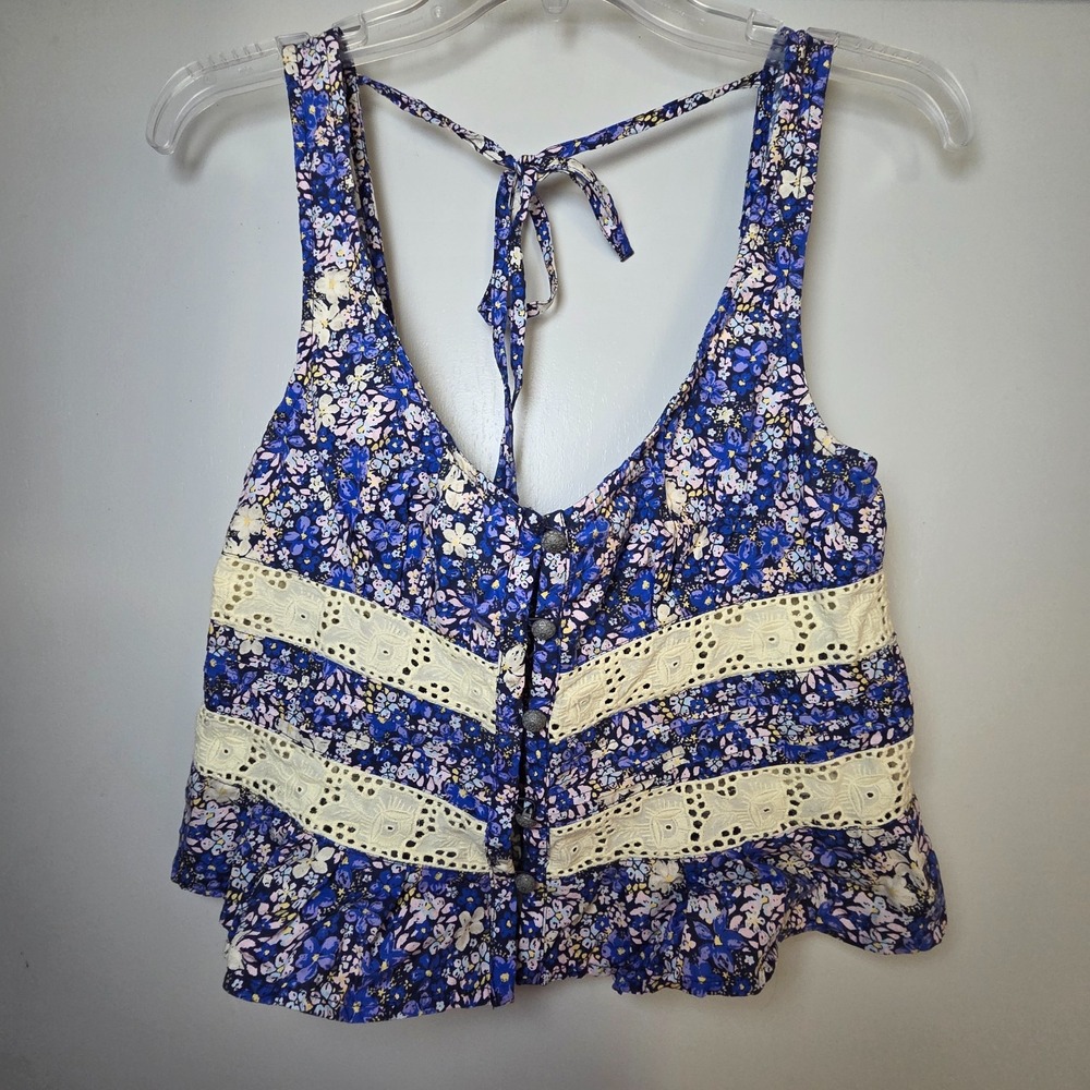 Free People Women's Tank Top Blue Cotton Size S Lace Coquette Romantic Floral